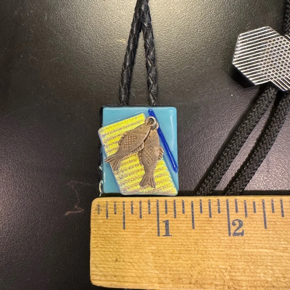 Vintage Bolo Tie Lot Mens Black Blue Silver Fish Dichroic Glass Geometric 2pc